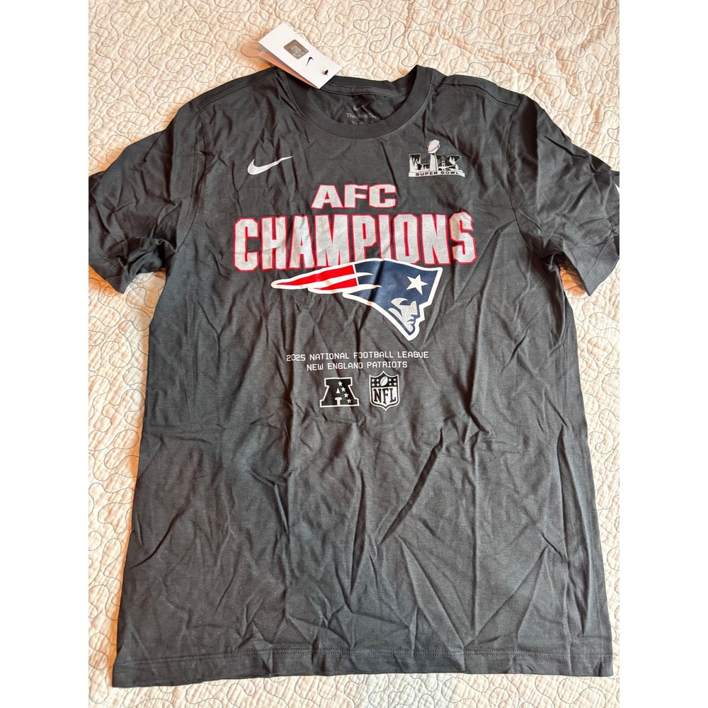 Nike Mens New England Patriots 2025 AFC Champions Super Bowl Shirt Black Medium